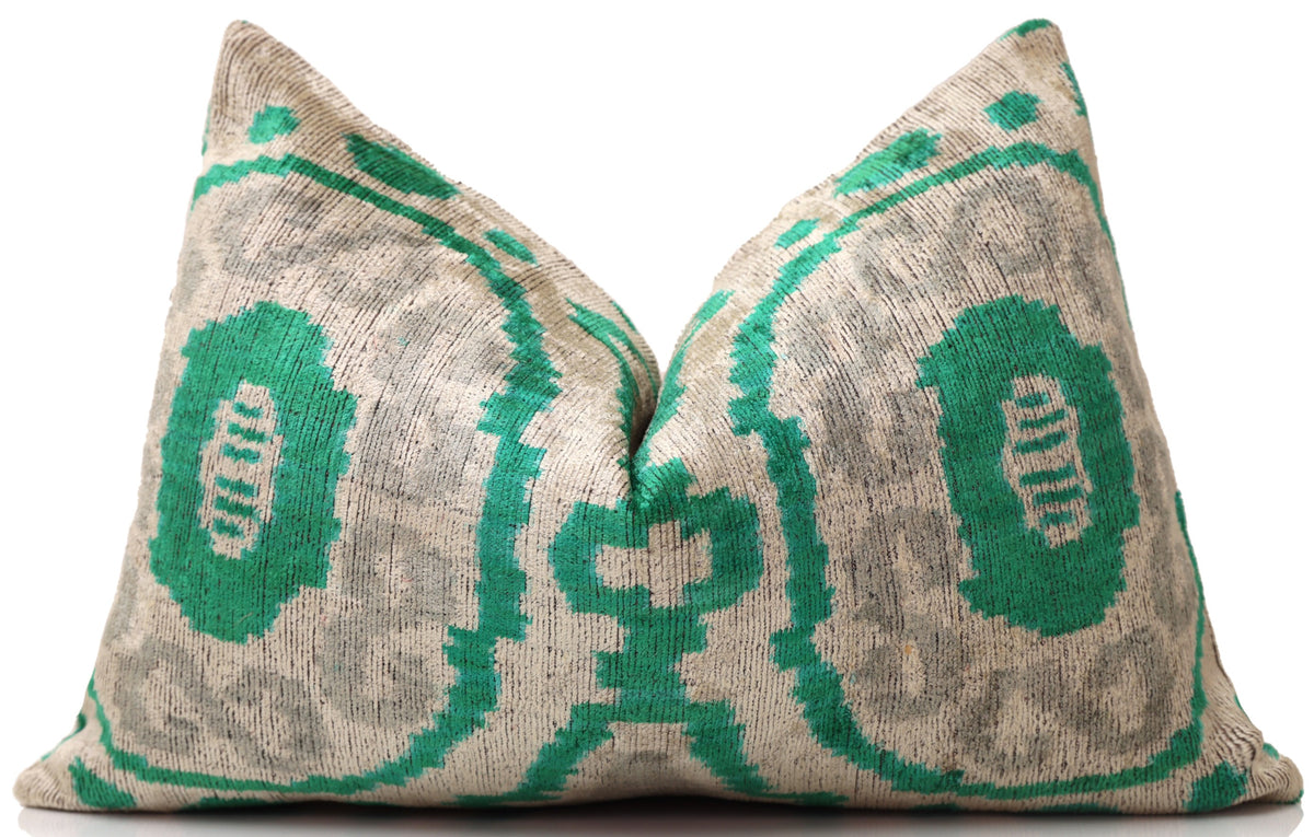 Hand-Knotted Silk Velvet Ikat Lumbar Pillow - 16x24 Emerald & Silver