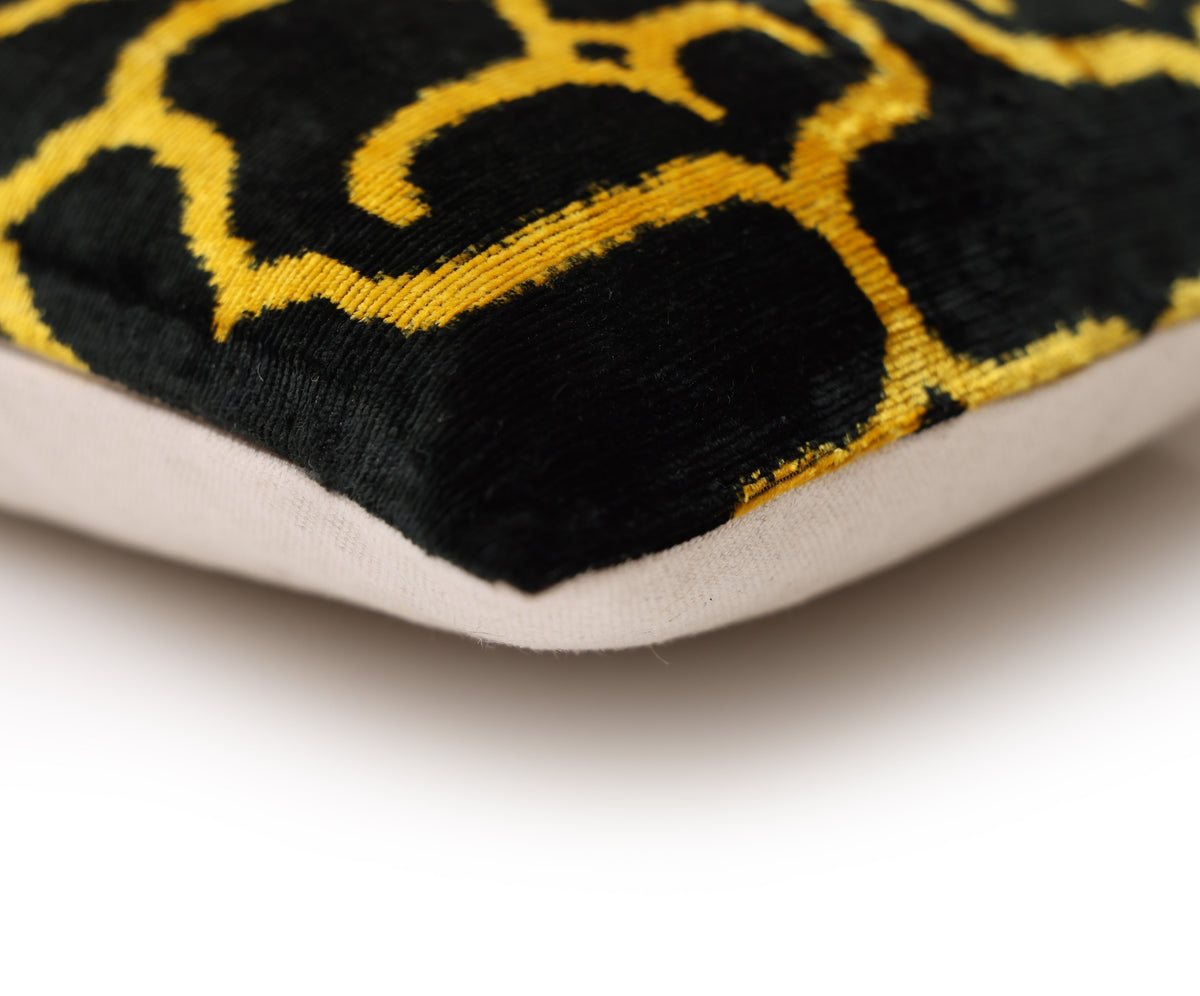 Hand-Knotted Silk Velvet Ikat Lumbar Pillow - 16x24 Gold & Forest Green