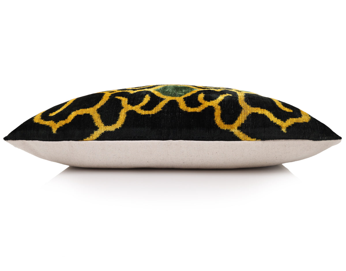 Hand-Knotted Silk Velvet Ikat Lumbar Pillow - 16x24 Gold & Forest Green