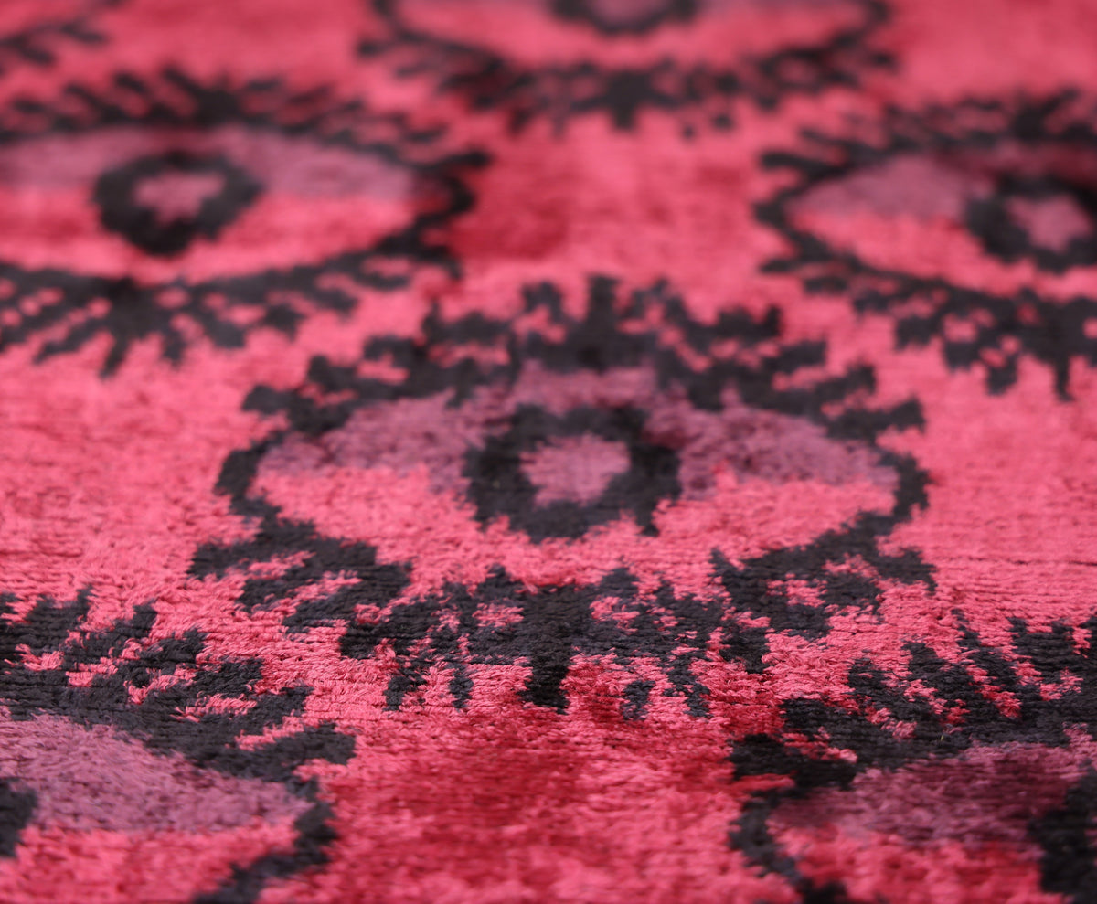 Hand-Knotted Silk Velvet Ikat Lumbar Pillow - 16x24 Crimson & Plum