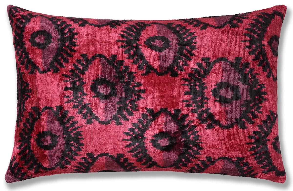Hand-Knotted Silk Velvet Ikat Lumbar Pillow - 16x24 Crimson & Plum