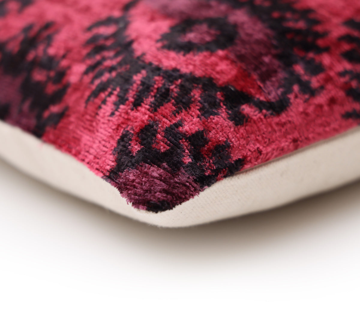 Hand-Knotted Silk Velvet Ikat Lumbar Pillow - 16x24 Crimson & Plum