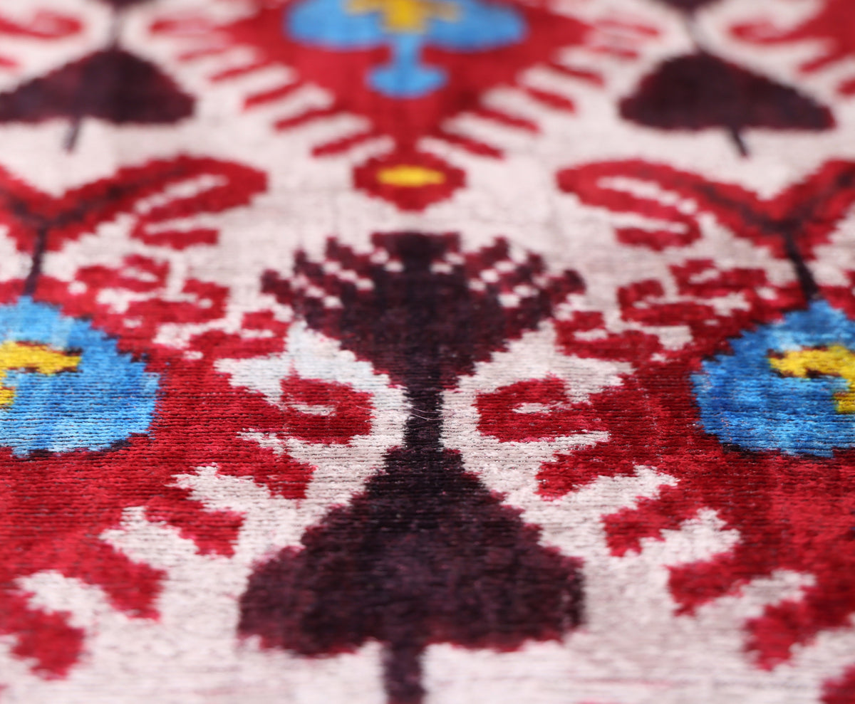 Hand-Knotted Silk Velvet Ikat Lumbar Pillow - 16x24 Ruby & Azure Multi
