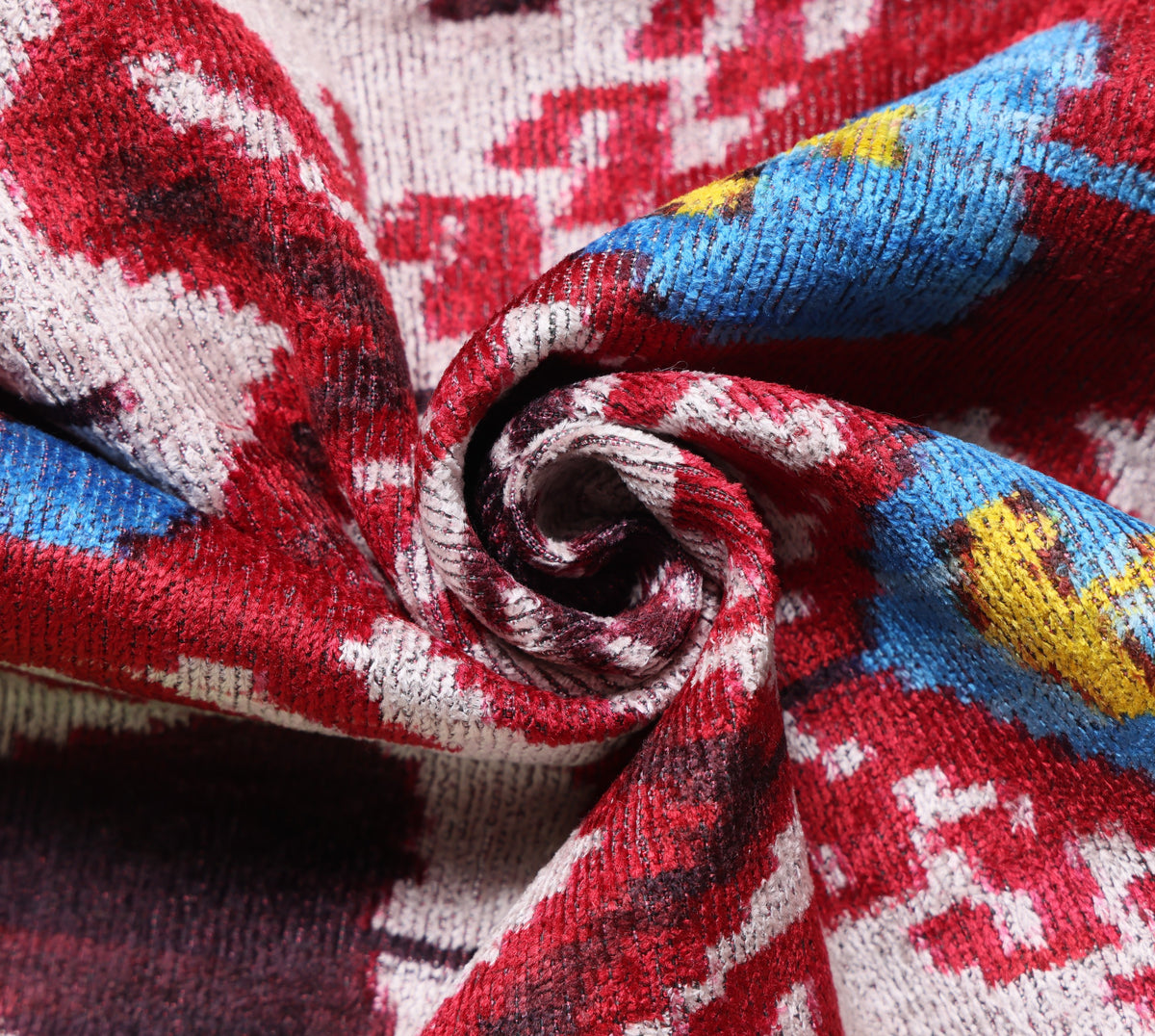 Hand-Knotted Silk Velvet Ikat Lumbar Pillow - 16x24 Ruby & Azure Multi