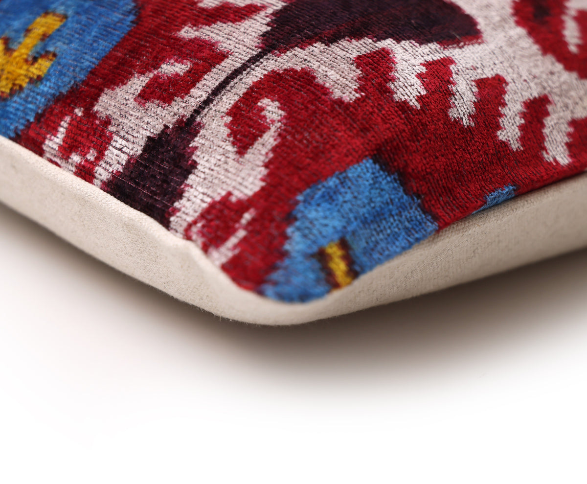 Hand-Knotted Silk Velvet Ikat Lumbar Pillow - 16x24 Ruby & Azure Multi