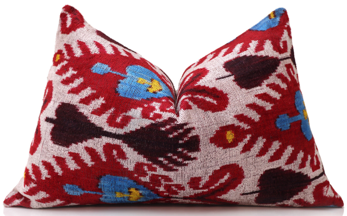 Hand-Knotted Silk Velvet Ikat Lumbar Pillow - 16x24 Ruby & Azure Multi