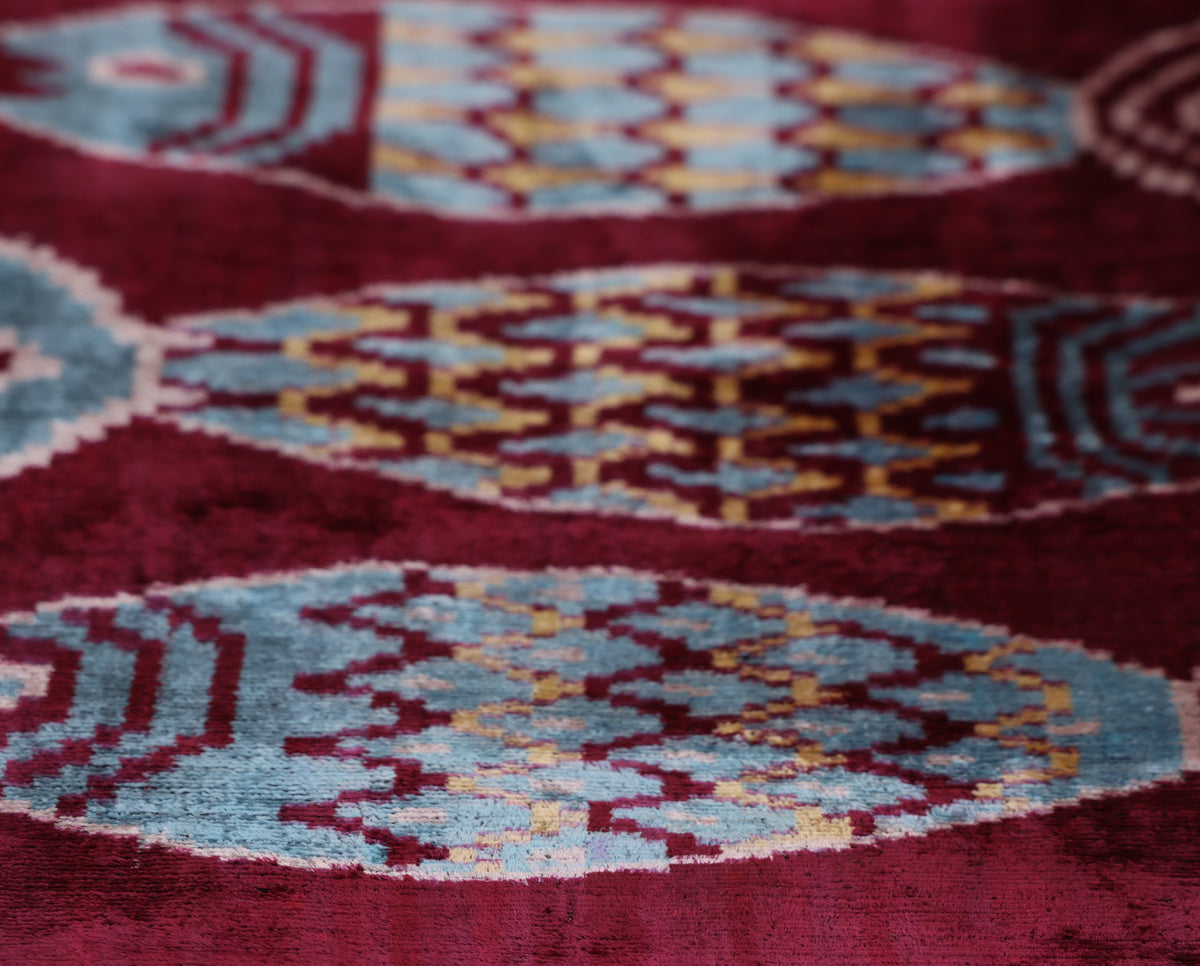Hand-Knotted Silk Velvet Ikat Lumbar Pillow - 16x24 Burgundy & Sky Blue