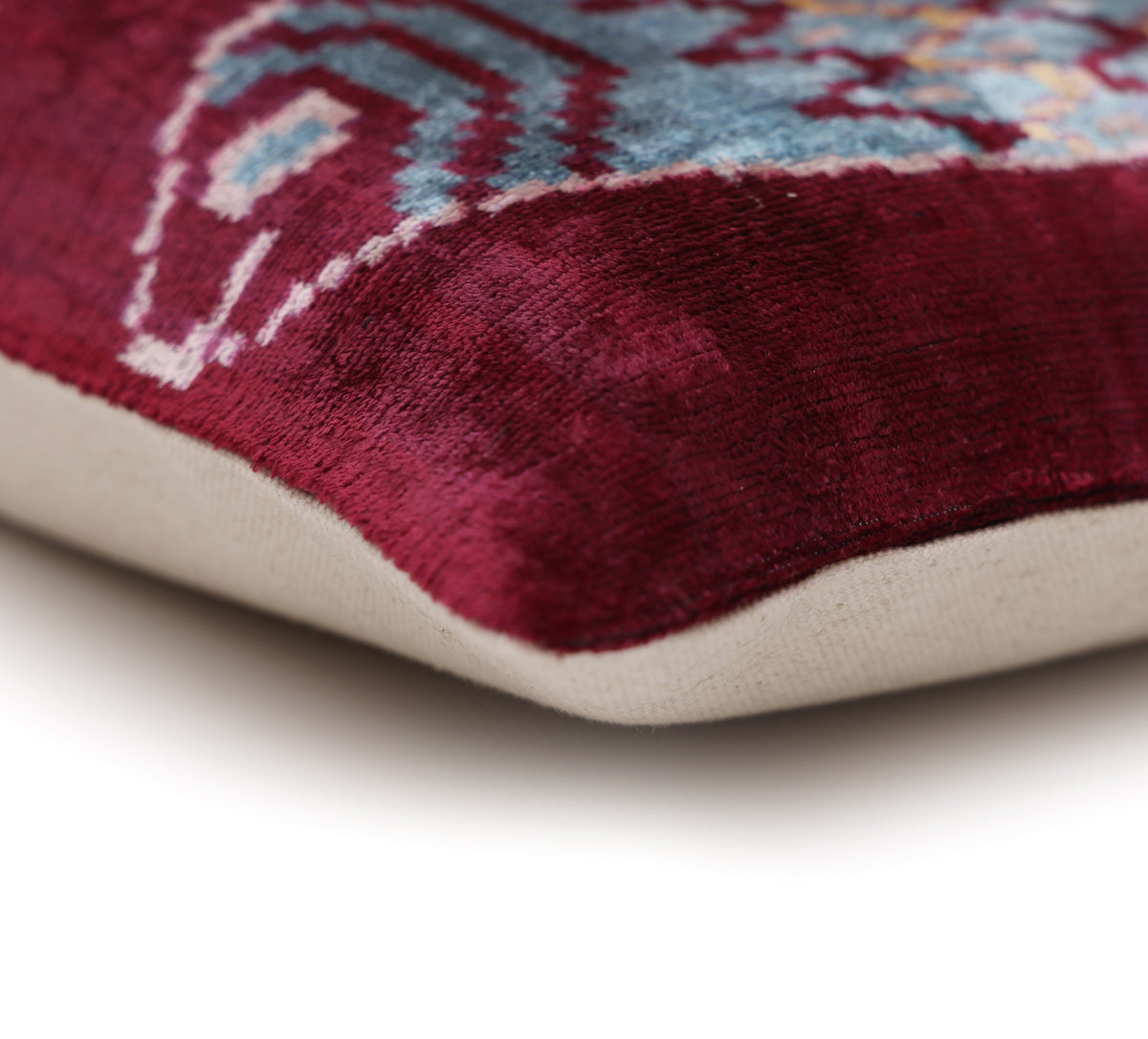 Hand-Knotted Silk Velvet Ikat Lumbar Pillow - 16x24 Burgundy & Sky Blue
