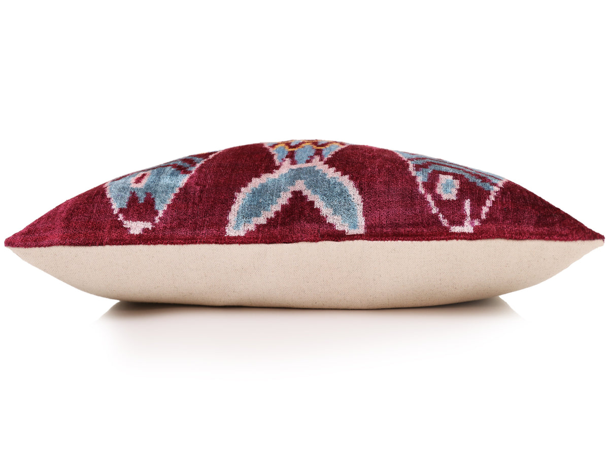 Hand-Knotted Silk Velvet Ikat Lumbar Pillow - 16x24 Burgundy & Sky Blue