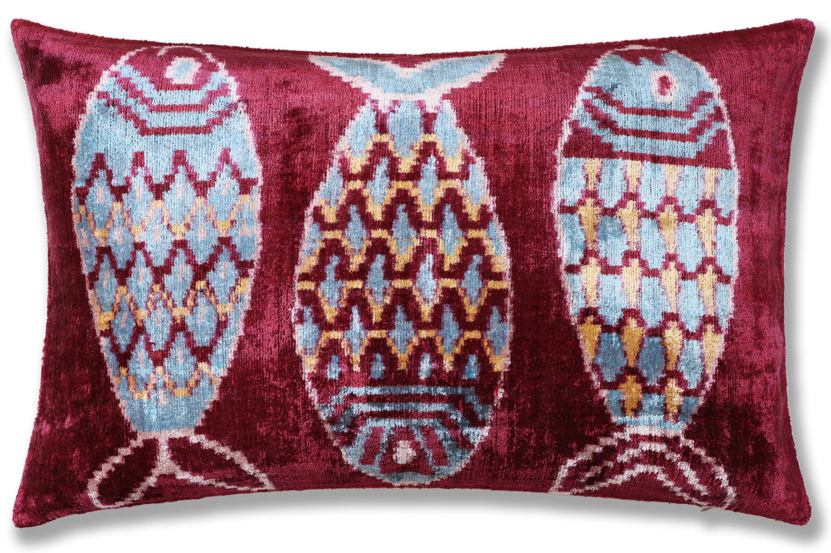 Hand-Knotted Silk Velvet Ikat Lumbar Pillow - 16x24 Burgundy & Sky Blue