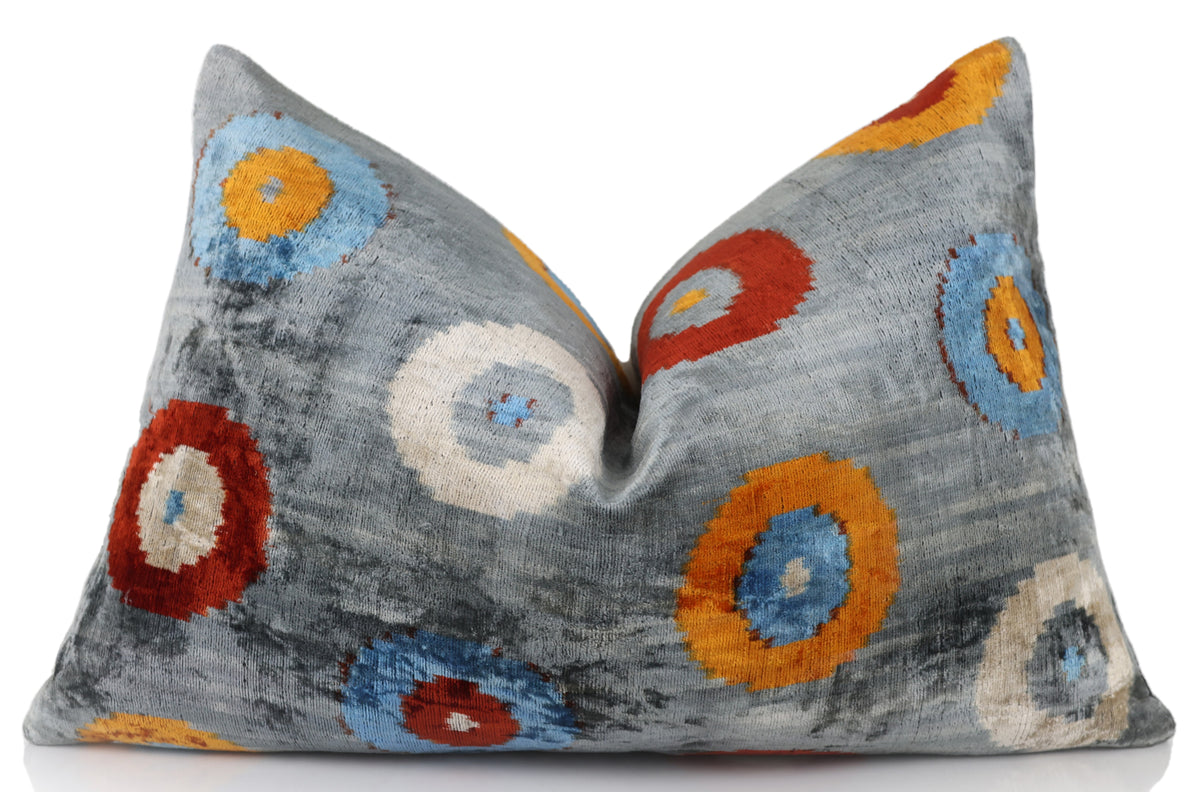 Handmade Velvet Circle Pillow – 16x24" Gray Blue & Orange Silk Cushion