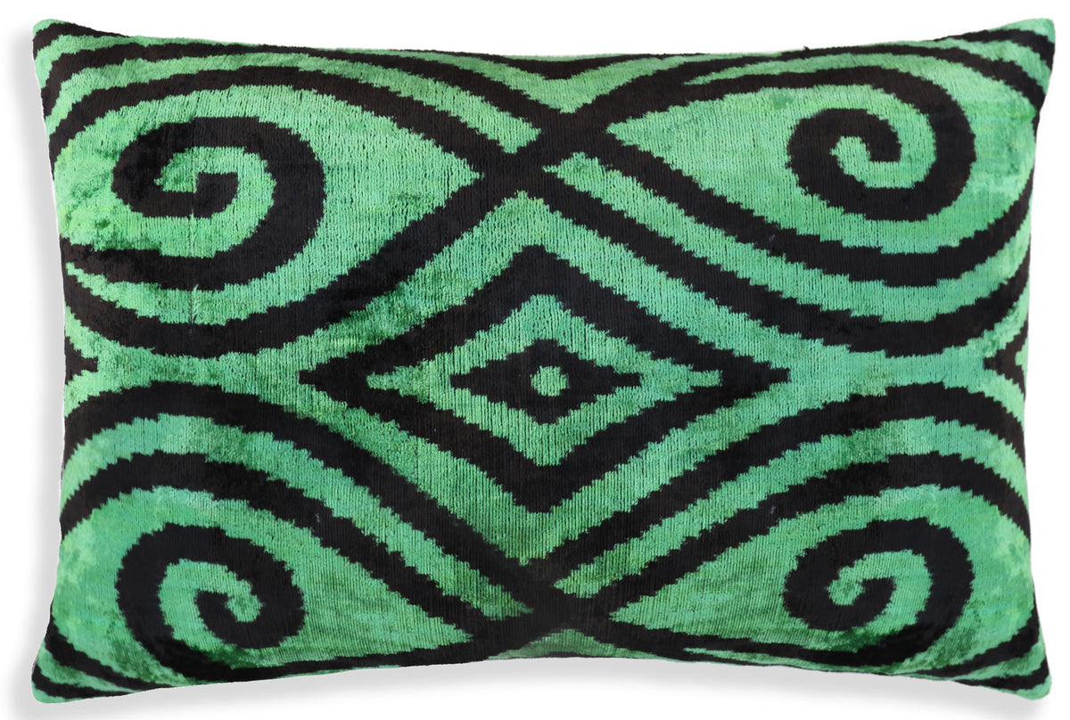 Green & Black Tribal Velvet Pillow – Handmade 16x24 Lumbar