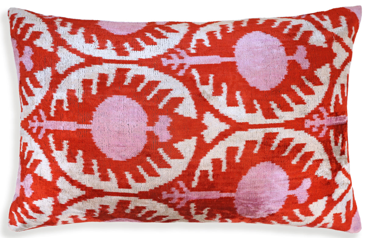 Red & Pink Ikat Velvet Pillow – Handmade 16x24 Lumbar Cushion