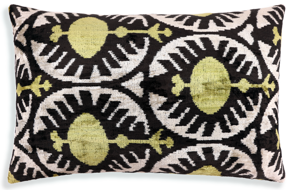 Black & Olive Ikat Velvet Pillow – Handmade 16x24 Medallion Design