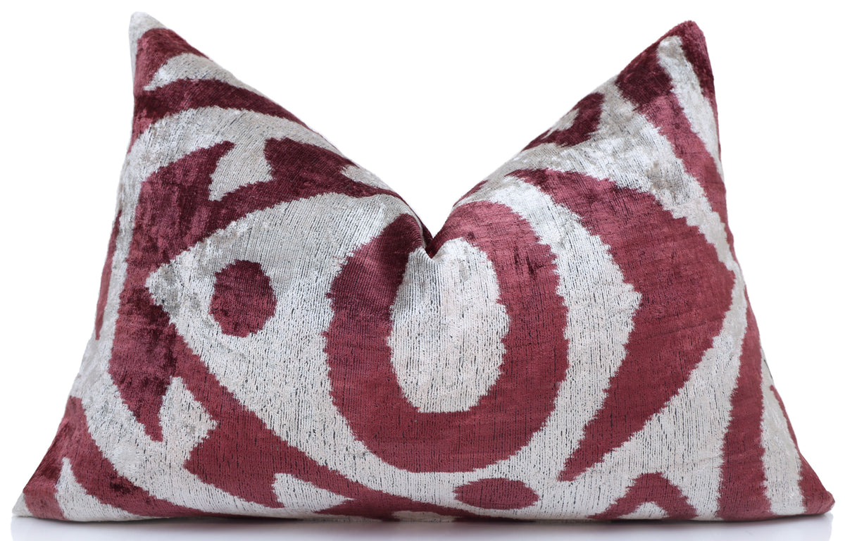 Handmade Silk Velvet Ikat Lumbar Pillow 16x24 | Rosewood Designer Accent