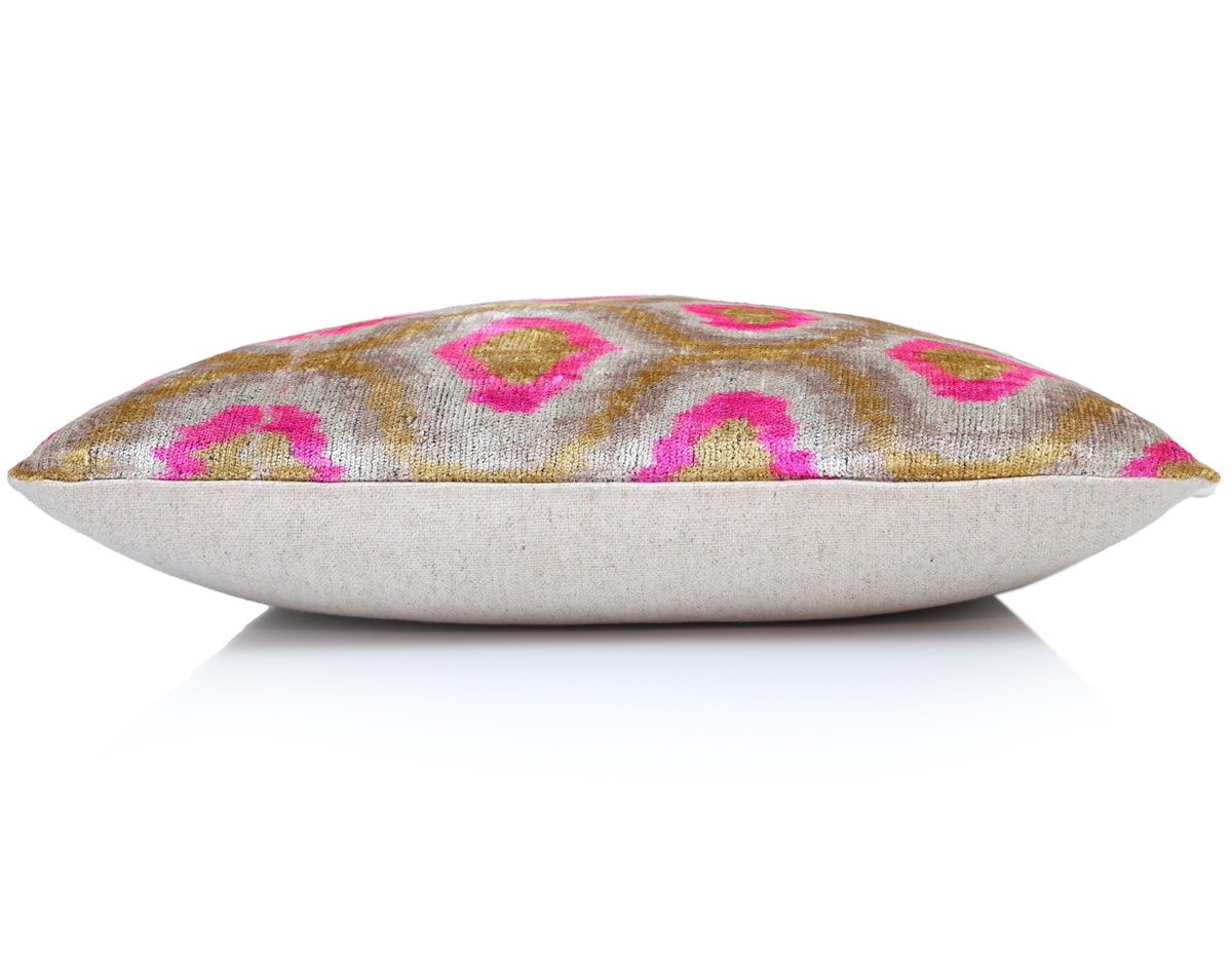 Pink Ikat Silk Velvet Pillow 20x20 | Handmade Luxury Designer Cushion