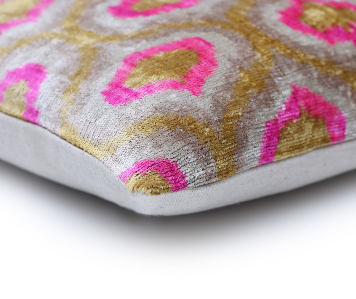 Pink Ikat Silk Velvet Pillow 20x20 | Handmade Luxury Designer Cushion