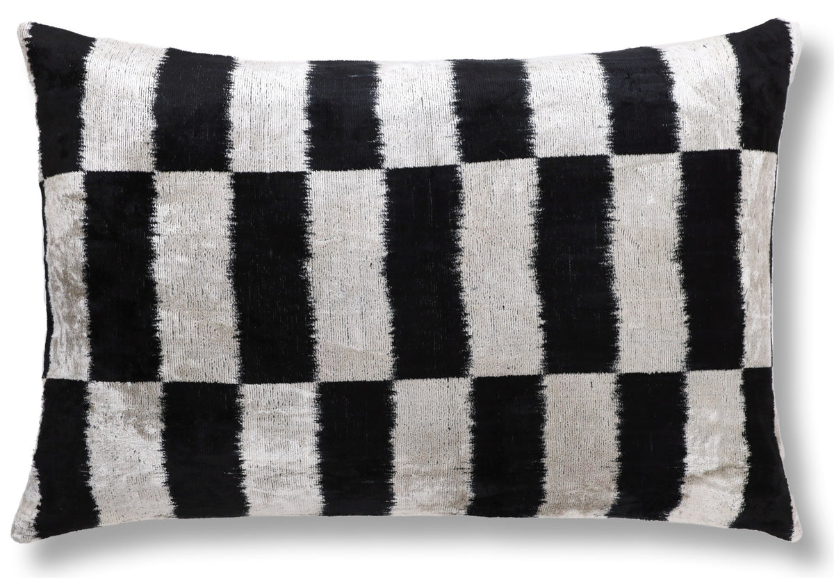 Hand-Knotted Silk Velvet Ikat Lumbar Pillow - 16x24 Black & Silver White