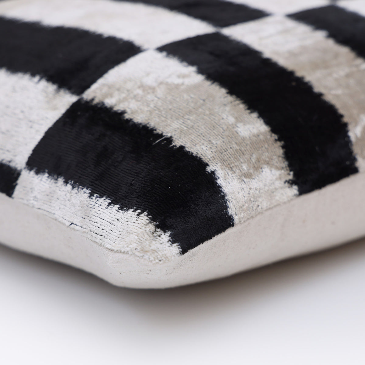 Hand-Knotted Silk Velvet Ikat Lumbar Pillow - 16x24 Black & Silver White
