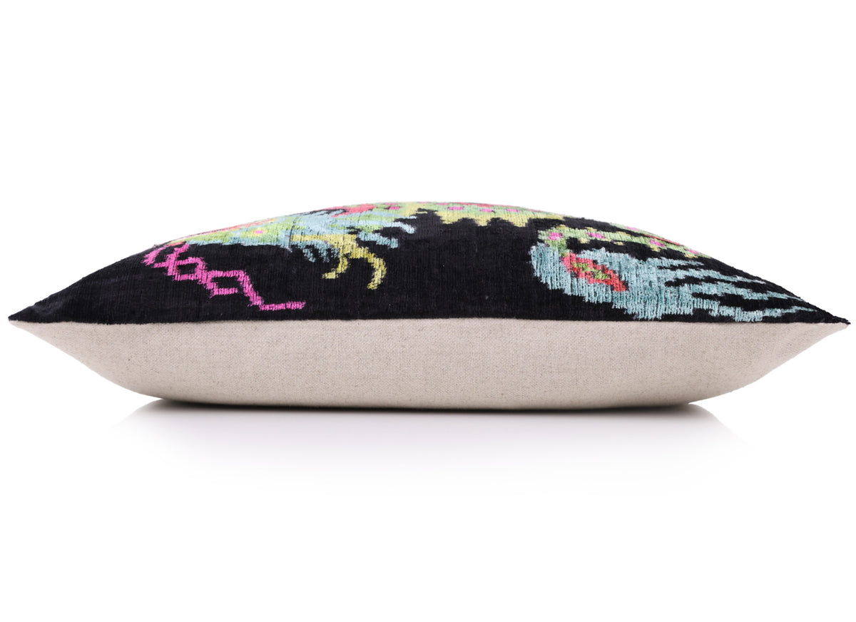 Luxury Silk Velvet Pillow 16x24 – Handmade Black Dragon Lumbar Cushion with Vibrant Colors
