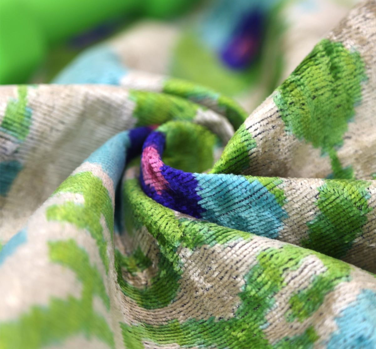 Luxury Silk Velvet Pillow 16x24 – Handmade Green & Turquoise Ikat Lumbar Cushion