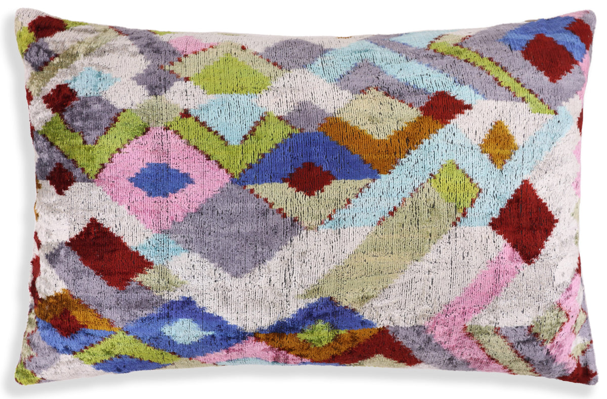 Luxury Multicolor Diamond Silk Velvet Throw Pillow 16x24 – Handmade Geometric Lumbar Cushion