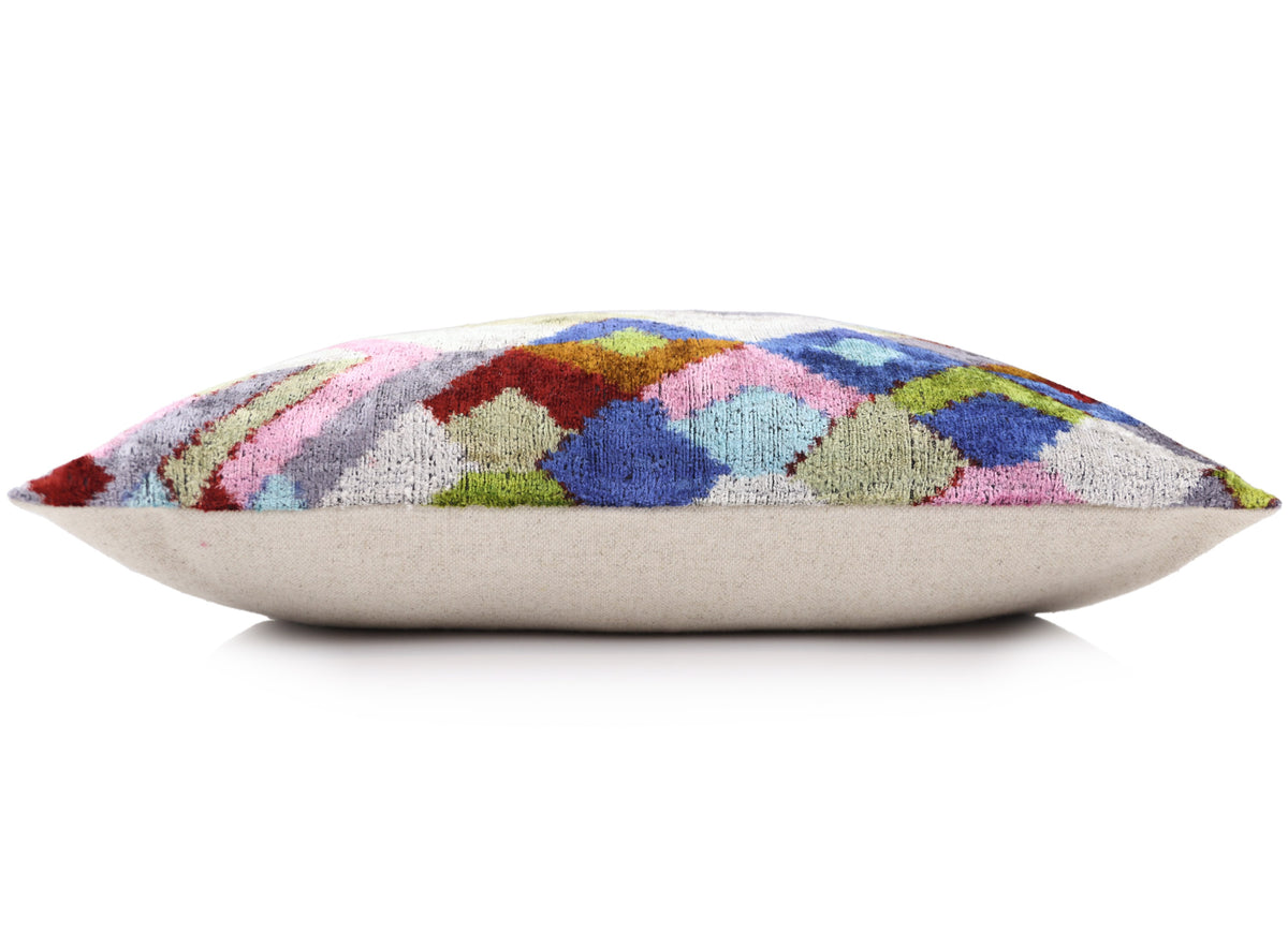Luxury Multicolor Diamond Silk Velvet Throw Pillow 16x24 – Handmade Geometric Lumbar Cushion