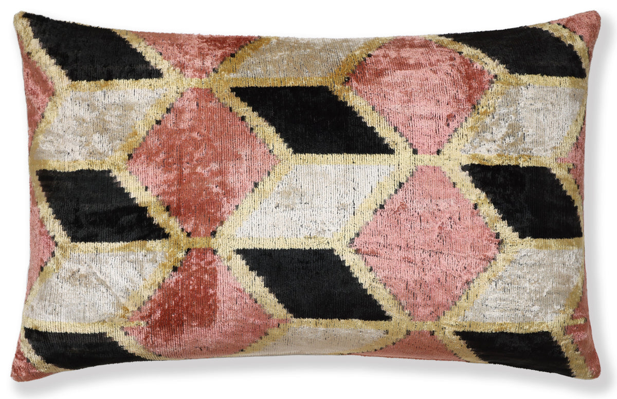 Blush Geometric Silk Velvet Lumbar Pillow 16x24 | Handmade Designer Accent Pillow