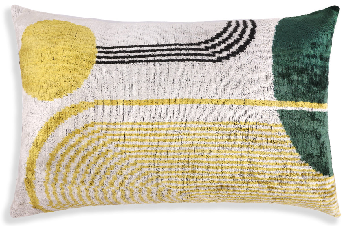Luxury Silk Velvet Pillow 16x24 – Handmade Modern Geometric Lumbar Cushion in Yellow & Green