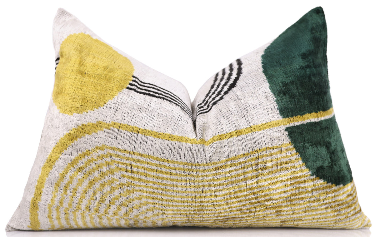 Luxury Silk Velvet Pillow 16x24 – Handmade Modern Geometric Lumbar Cushion in Yellow & Green