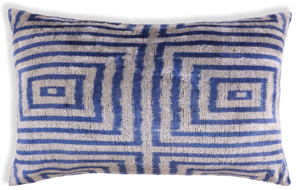 Luxury Silk Velvet Pillow 16x24 – Handmade Blue Geometric Square Lumbar Cushion