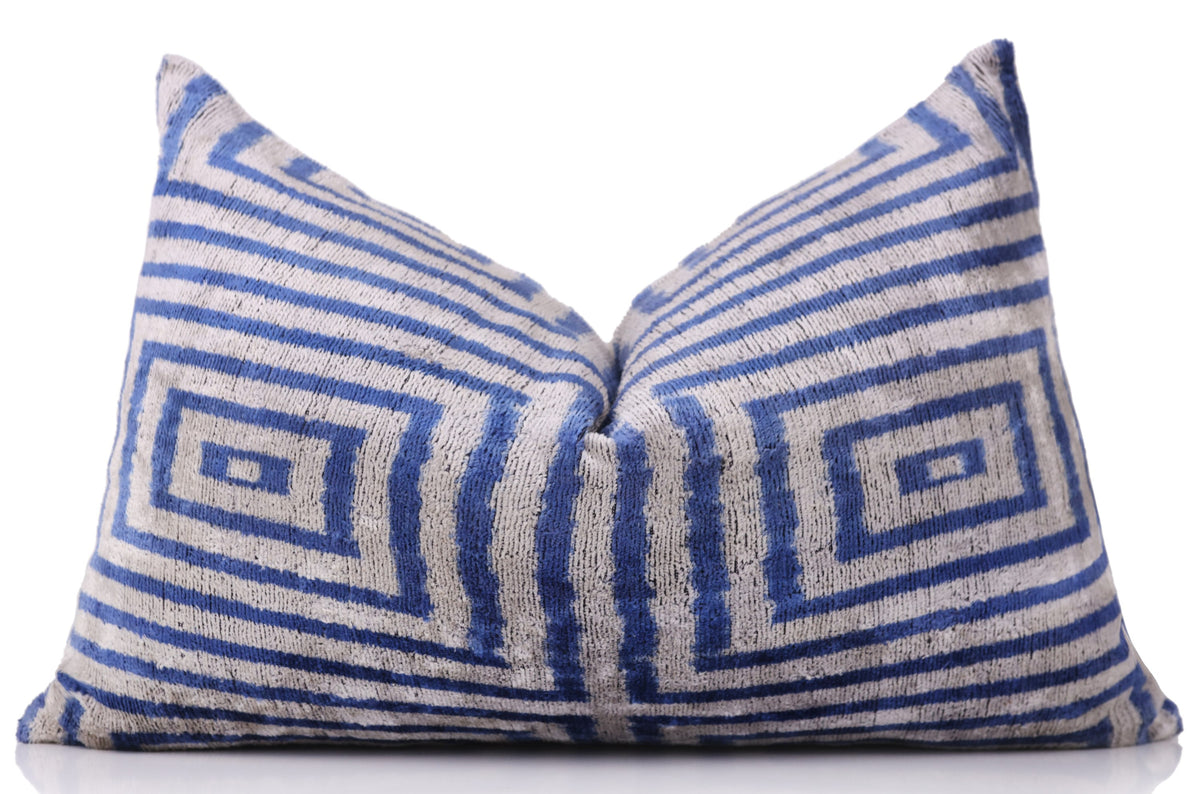 Luxury Silk Velvet Pillow 16x24 – Handmade Blue Geometric Square Lumbar Cushion