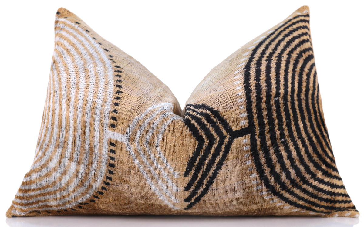 Luxury Earth-Tone Silk Velvet Throw Pillow 16x24 – Handmade Tribal Modern Geometric Lumbar