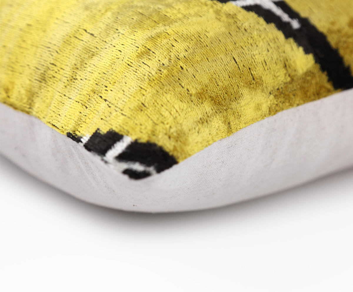 Luxury Yellow Silk Velvet Throw Pillow 16x24 – Handmade Geometric Designer Lumbar