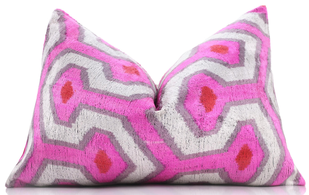 Luxury Silk Velvet Pillow 16x24 – Handmade Pink & Gray Geometric Lumbar Cushion with Red Accents