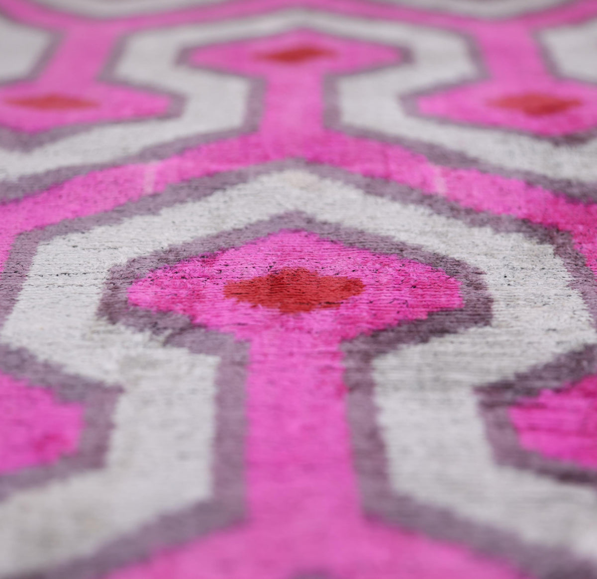 Luxury Silk Velvet Pillow 16x24 – Handmade Pink & Gray Geometric Lumbar Cushion with Red Accents
