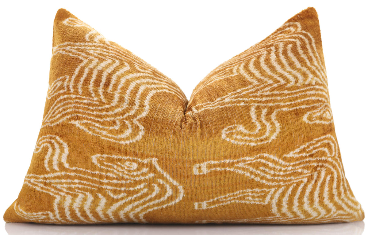 Luxury Golden Yellow Ikat Silk Velvet Throw Pillow 16x24 – Handmade Lumbar