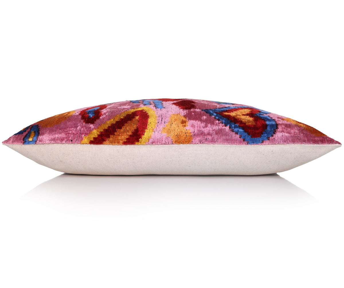 Pink Multicolor Floral Silk Velvet Lumbar Pillow – 16x24