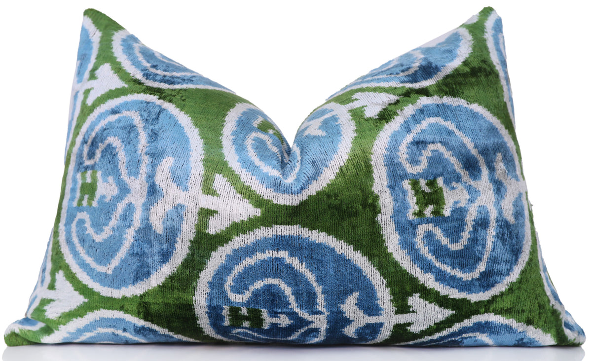 Blue & Green Silk Velvet Lumbar Pillow – 16x24