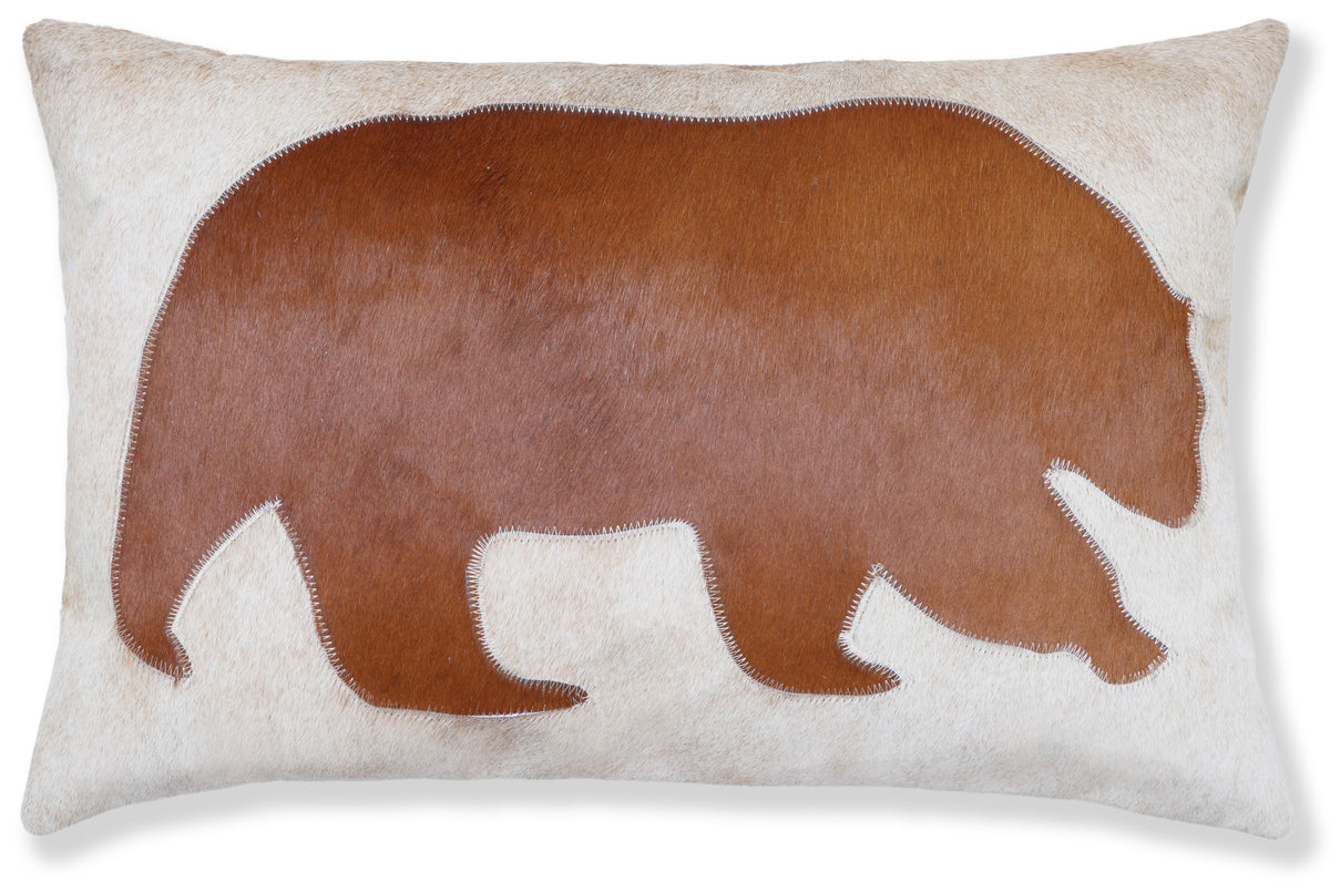 Luxury Genuine Cowhide Bear Throw Pillow 16x24 | Handmade Hair-on-Hide Leather Designer Lumbar Cushion
