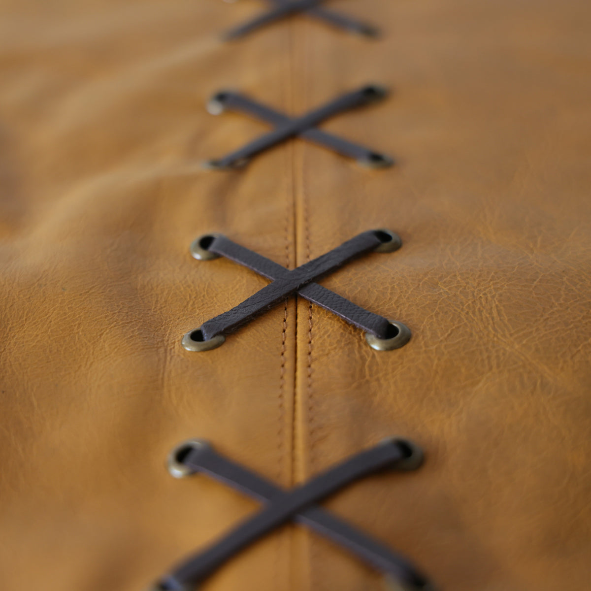 Luxury Camel Leather Lace Throw Pillow 16x24 | Handmade Designer Lumbar Cushion with Cross-Laced Detail