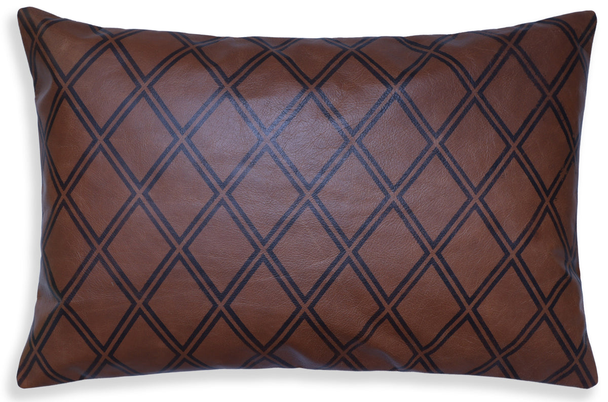 Luxury Brown Leather Geometric Throw Pillow 16x24 | Handmade Modern Designer Lumbar Cushion