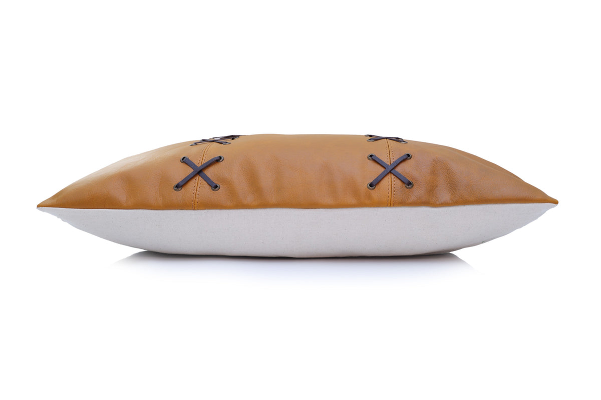 Luxury Camel Leather Lace Throw Pillow 16x24 | Handmade Designer Lumbar Cushion with Cross-Laced Detail