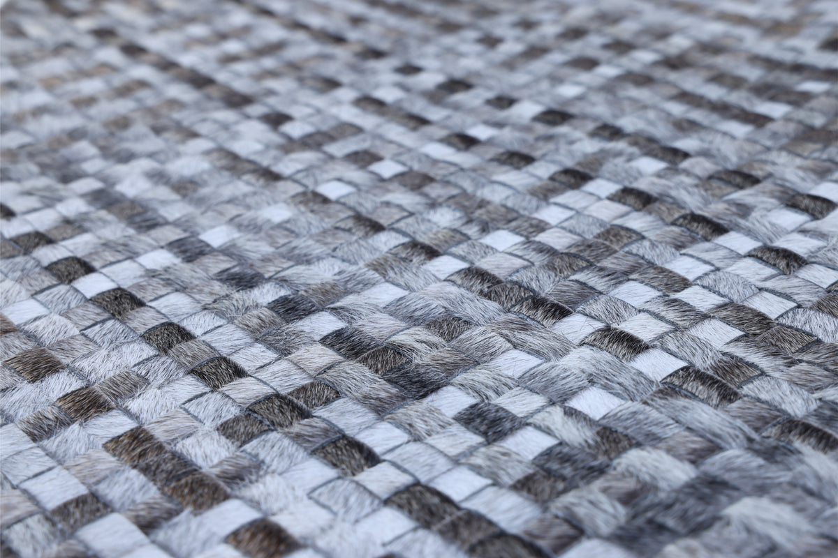 Luxury Gray & White Woven Cowhide Leather Throw Pillow 16x24 | Handmade Designer Lumbar Cushion