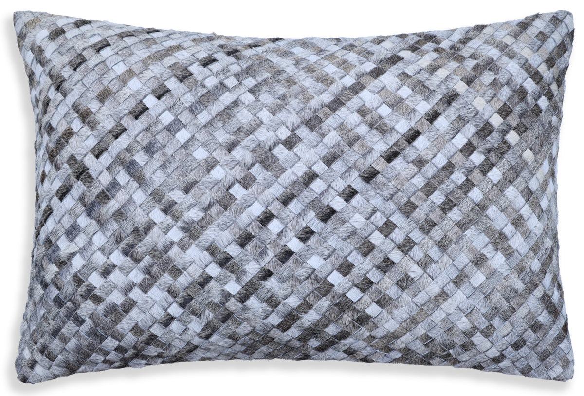 Luxury Gray & White Woven Cowhide Leather Throw Pillow 16x24 | Handmade Designer Lumbar Cushion