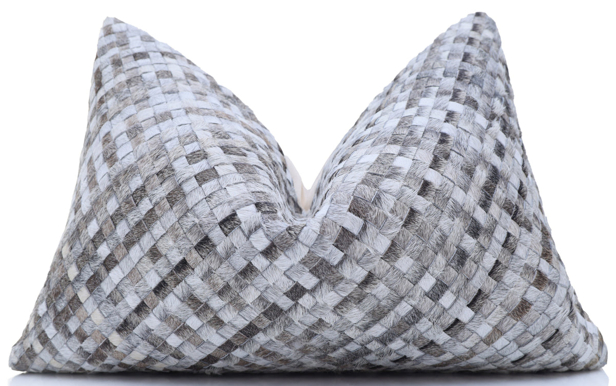 Luxury Gray & White Woven Cowhide Leather Throw Pillow 16x24 | Handmade Designer Lumbar Cushion