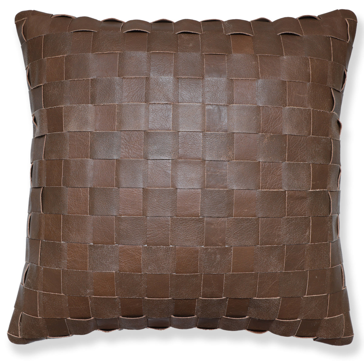 Luxury Handwoven Brown Genuine Leather Basket Weave Pillow 18x18 | Handmade Woven Leather Cushion