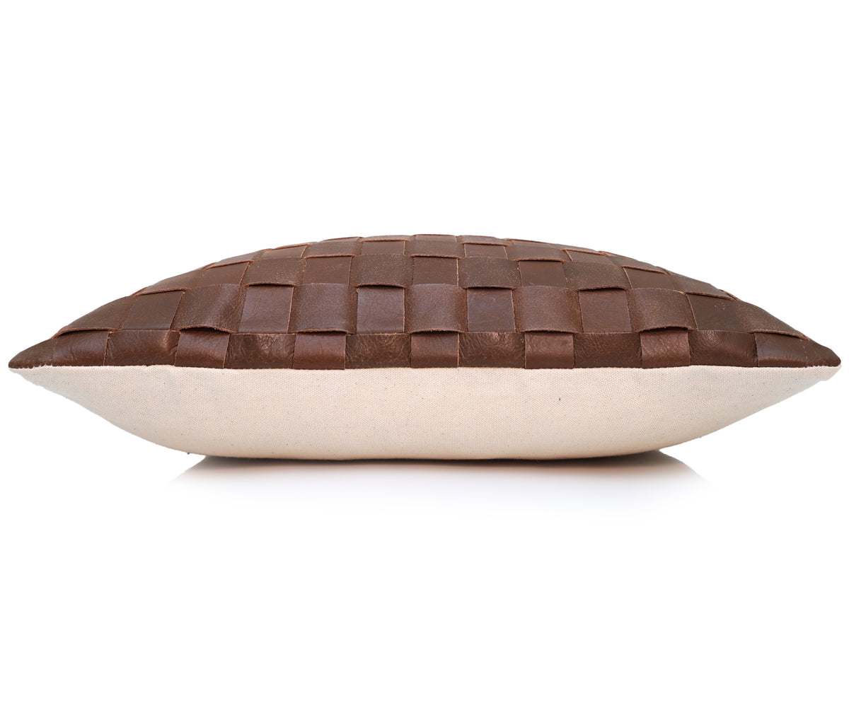 Luxury Handwoven Brown Genuine Leather Basket Weave Pillow 18x18 | Handmade Woven Leather Cushion