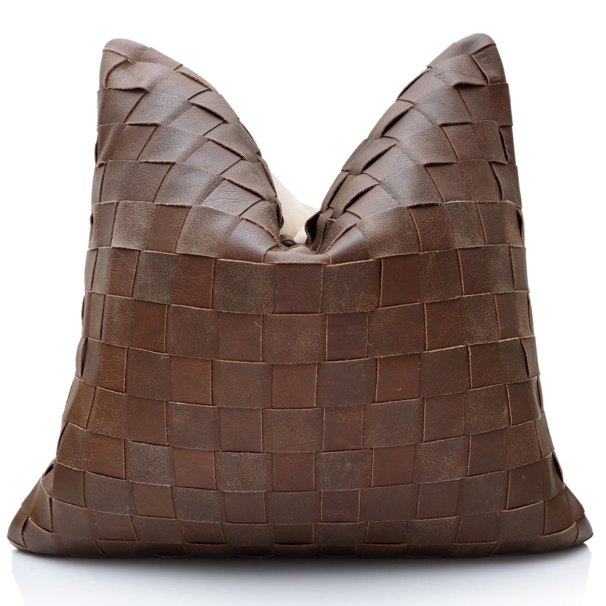 Luxury Handwoven Brown Genuine Leather Basket Weave Pillow 18x18 | Handmade Woven Leather Cushion