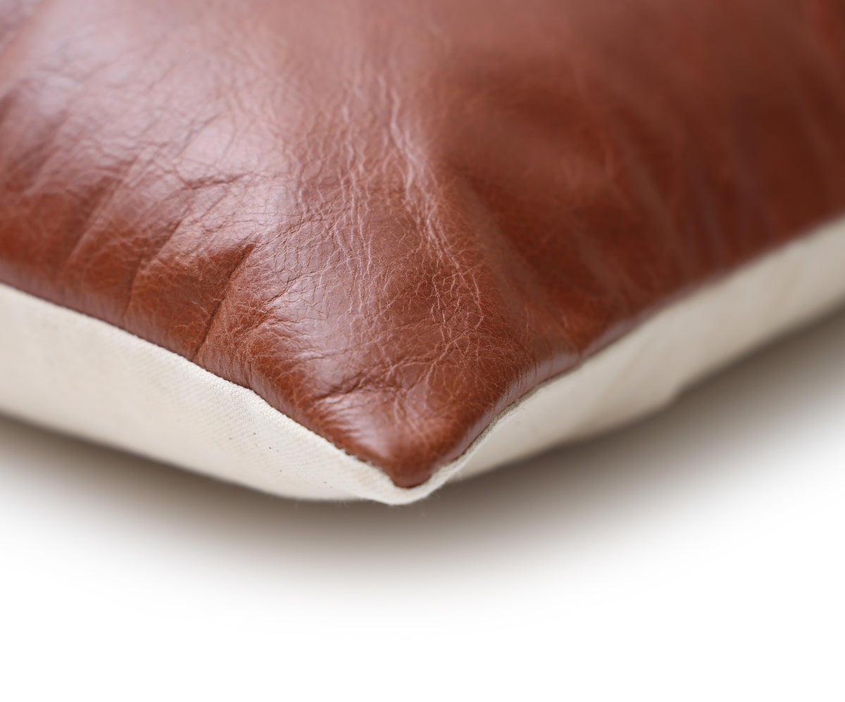 Luxury Cognac Genuine Leather Throw Pillow 18x18 | Handmade Full-Grain Leather Cushion